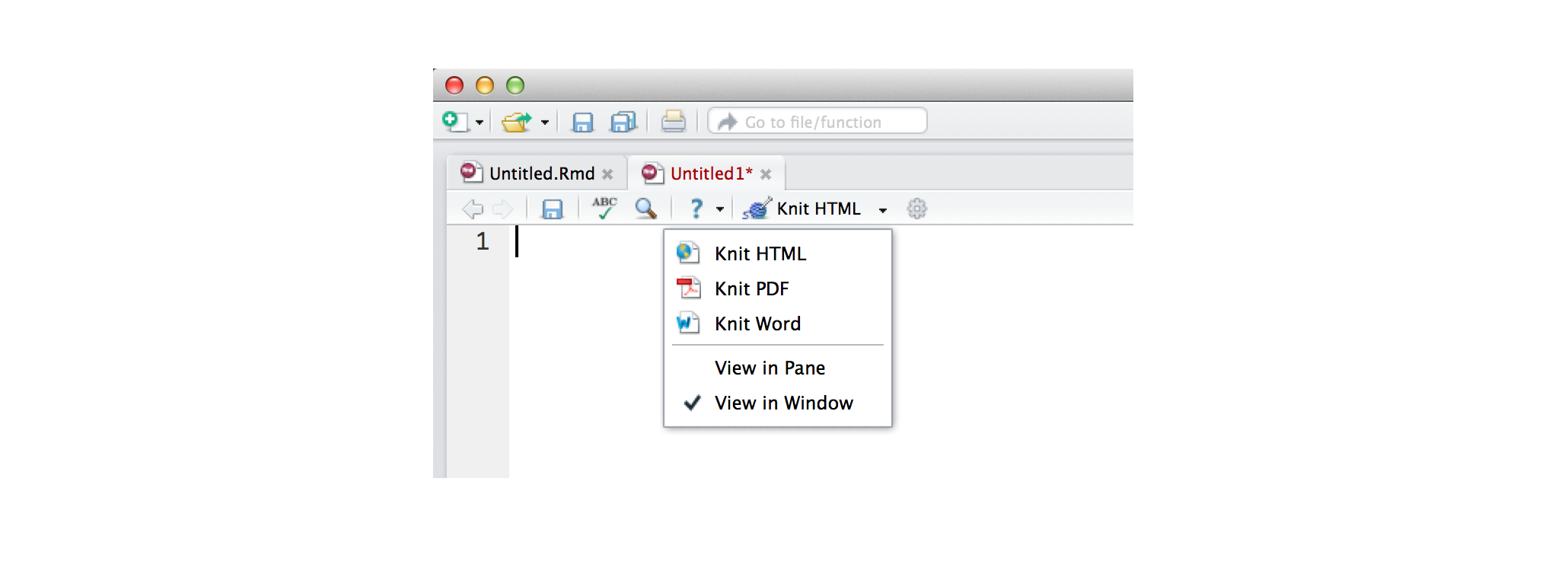 Screenshot of RStudio's knit button